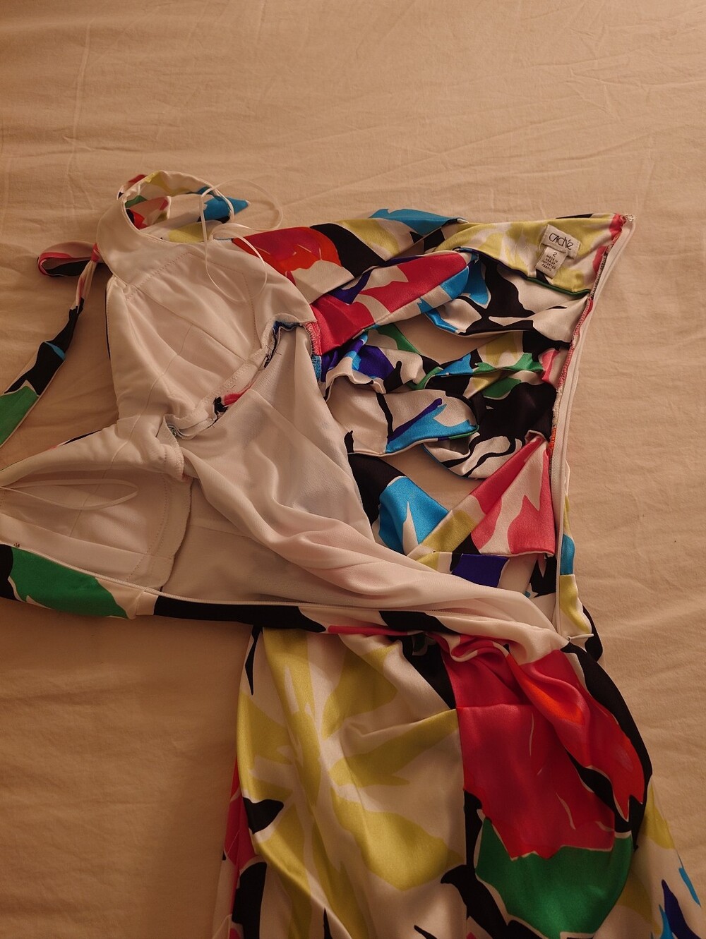NWOT Floral CACHÉ White Stretch Satin Ruched Halter Mini Dress 2 XS Built-in Bra - Picture 8 of 14
